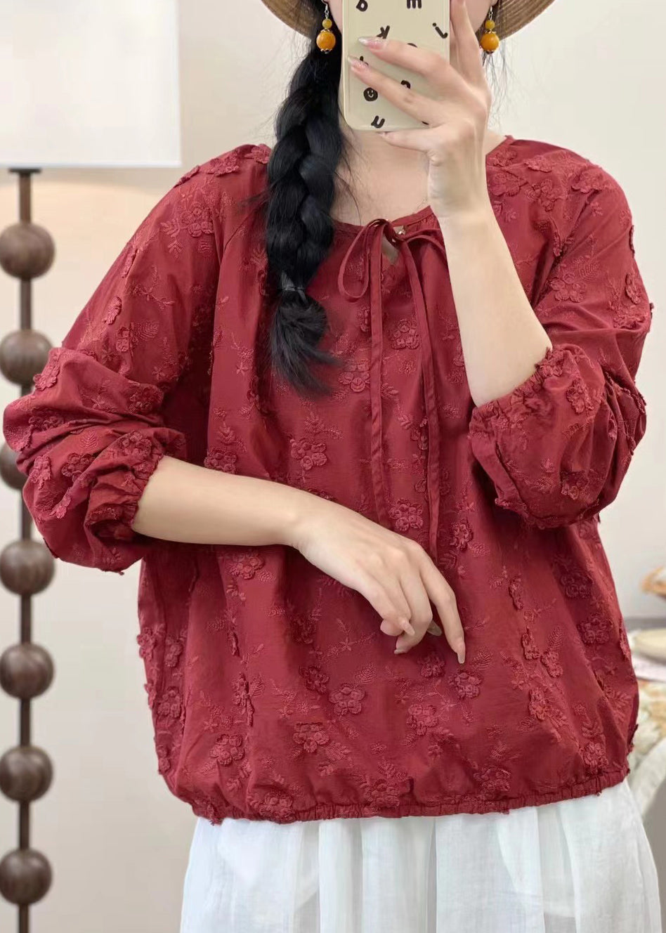 Organic Red O-neck Embroidered Cotton Tops Spring