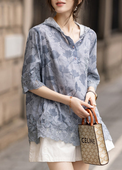 Blue Hooded Patchwork Lace Loose Sweatshirt Summer