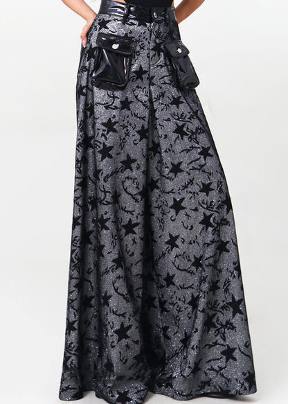 Black Pockets Patchwork Denim Wide Leg Pants Spring