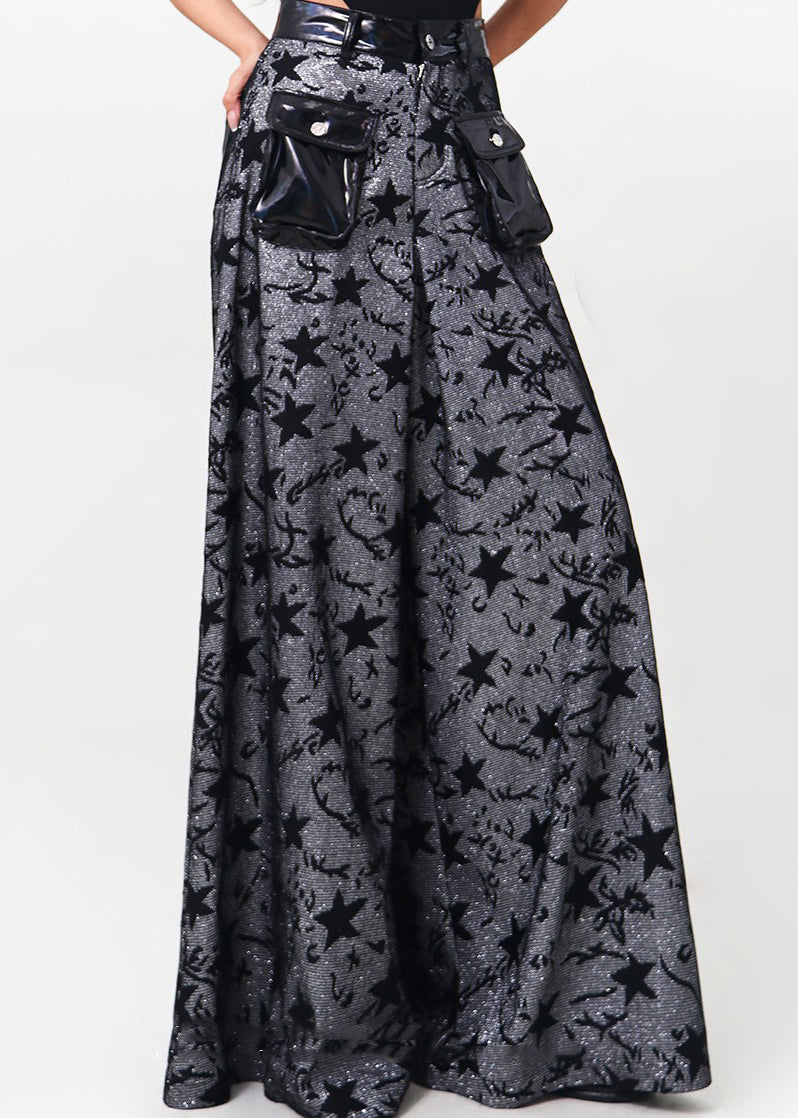 Black Pockets Patchwork Denim Wide Leg Pants Spring