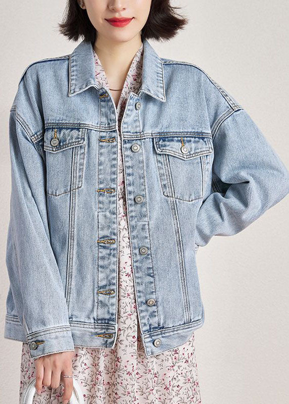 Light Blue Peter Pan Collar Oversized Pockets Denim Coats Spring