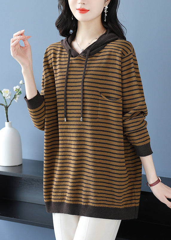 Yellow Hooded Striped Woolen Knit Sweaters Winter
