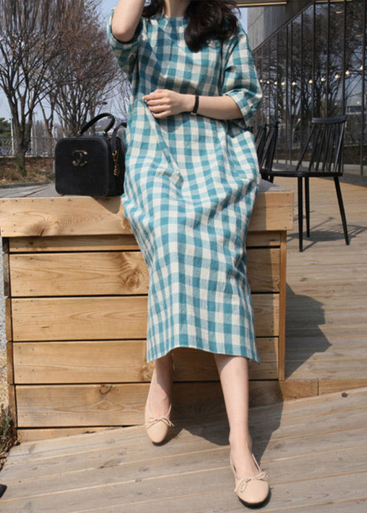 Plaid O-neck Pockets Side Open Dress Long Sleeve