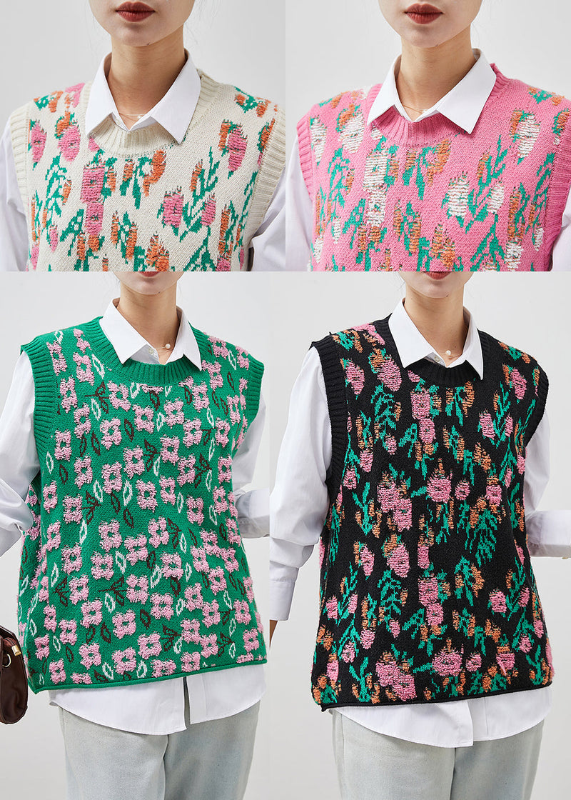 Green Jacquard Chunky Knit Vests Winter