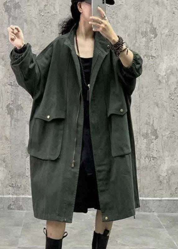 Army Green Stand Collar Zippered Pockets Fall Long Sleeve Trench Coat