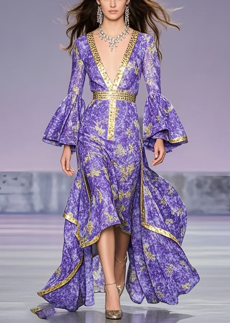 French Lavender Print Asymmetrical Exra Large Hem Party Dress Flare Sleeve