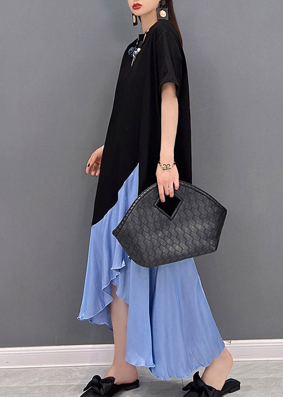 Blue O-neck Asymmetric Patchwork Dress Short Sleeve