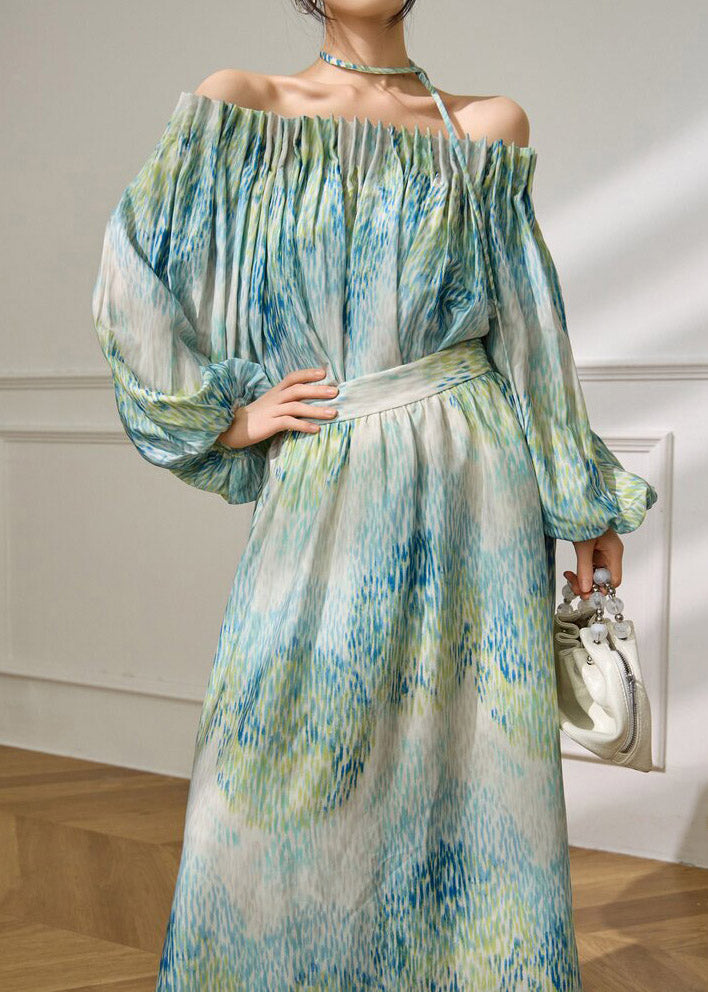 Green Slash Neck Tie Waist Top and Maxi Skirts Spring