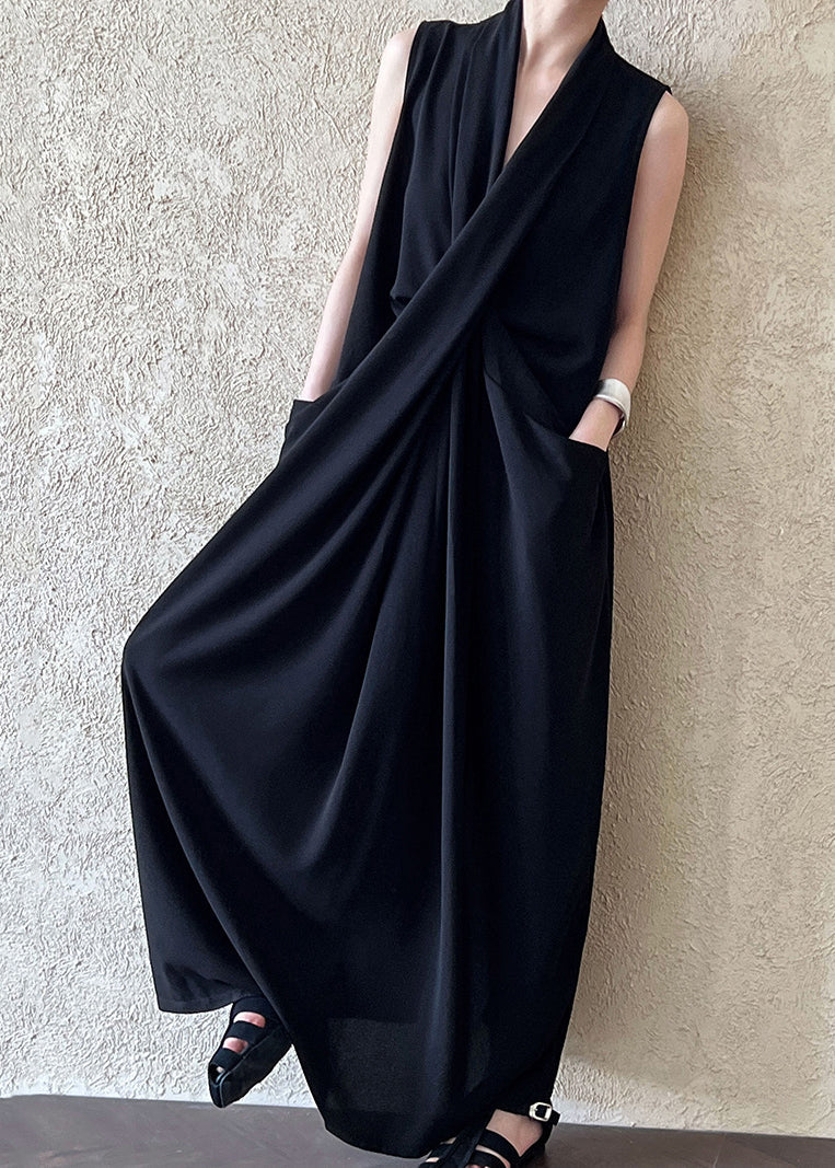 Black Asymmetrical Design Cotton Dress V Neck Sleeveless