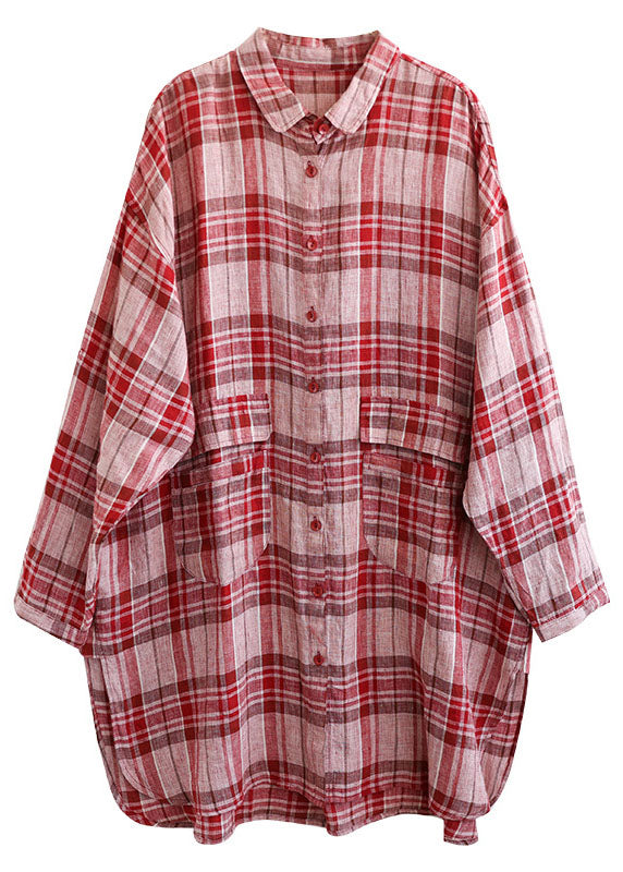 Red Plaid Peter Pan Collar Linen Blouses Spring
