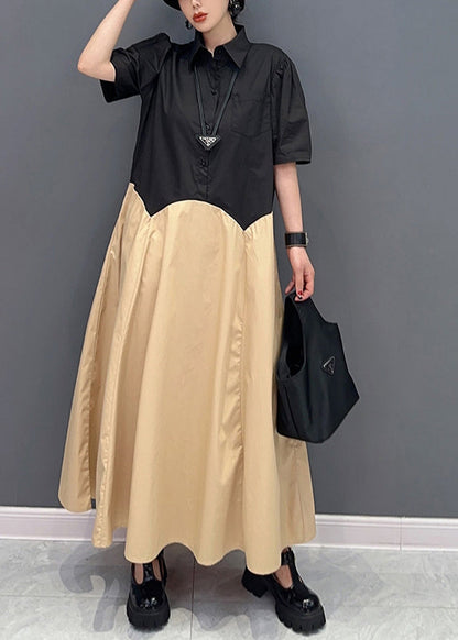 Khaki Peter Pan Collar Patchwork Cotton Maxi Dress Summer