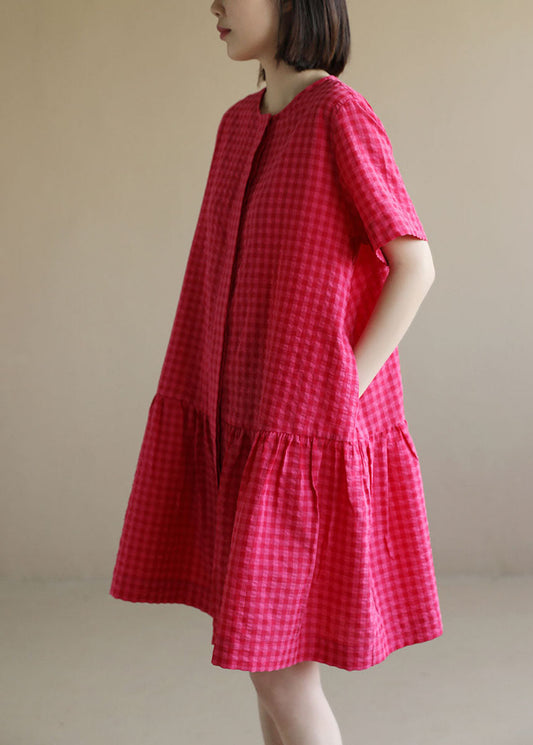 Red O-neck Plaid Patchwork Cotton Mid Dresses Short Sleeve