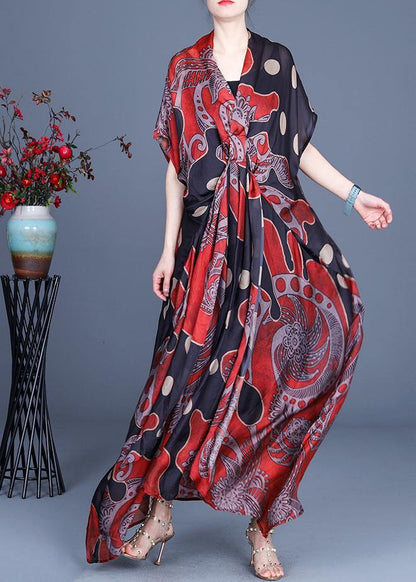 Art Red Dot Print Silk Two Pieces Set Summer Long Dress