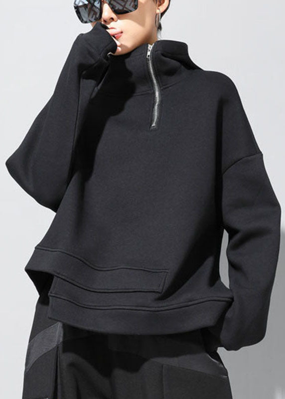 Black Hooded Zippered Asymmetrical Design Fall Sweatshirts Top