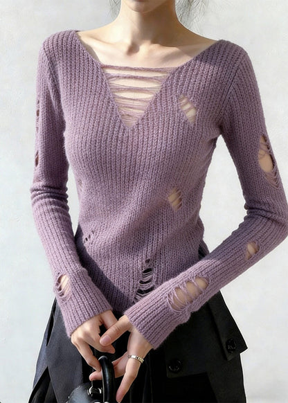 Lavender V Neck Ripped Knitted Tops Spring