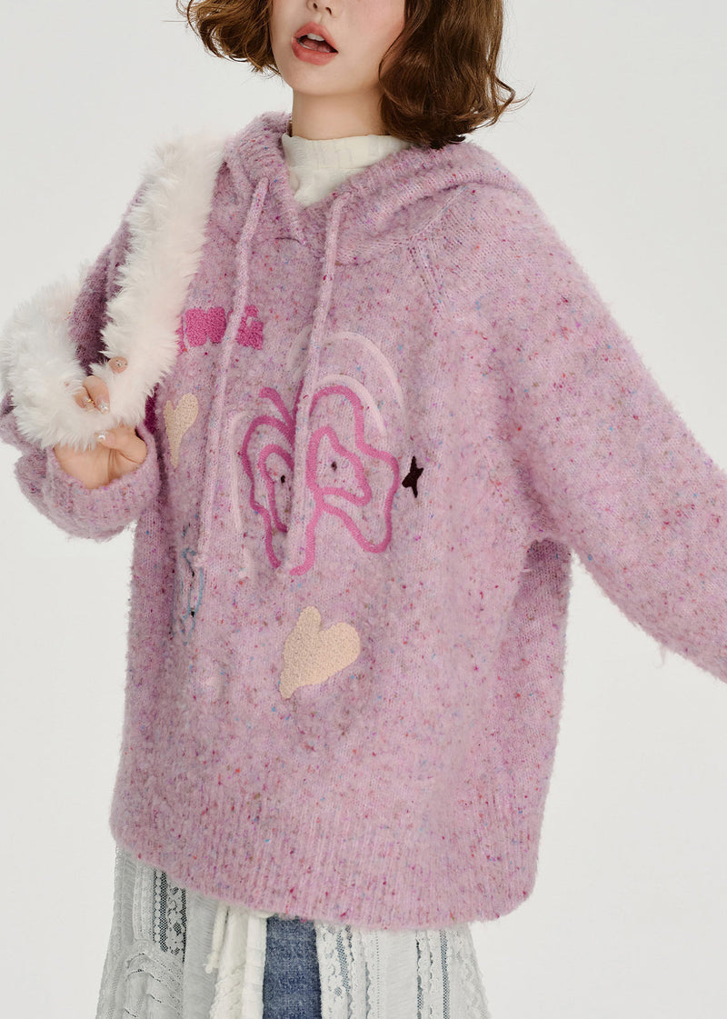 Light Purple Hooded Jacquard Knit Loose Sweatshirt Winter