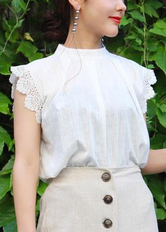 White Stand Collar Ruffled Lace Patchwork Cotton Skirt Summer
