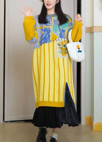 Yellow O-neck Striped Cotton Knit Maxi Dress Long Sleeve