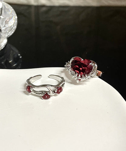 Diy Red Stainless Steel Zircon Rose and Love Rings Two Piece Set
