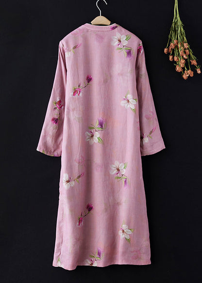Pink Stand Collar Print Side Open Warm Fleece Dress Spring