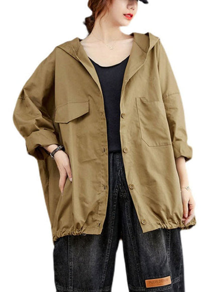 Diy Khaki Button Pockets Loose Fall Long Sleeve Coat