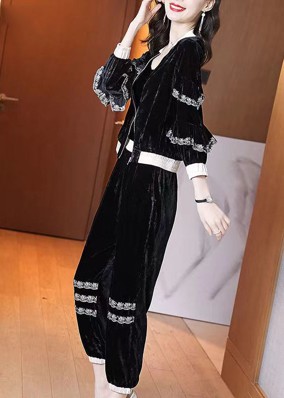 New Black Zippered Ruffled Velourtwo Pieces Set Spring