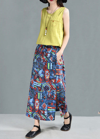 Blue Elastic Waist Pockets Print Linen a Line Skirt Summer