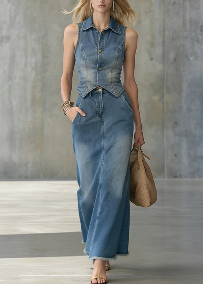 Blue Vest and Skirts Denim Two Pieces Set Summer
