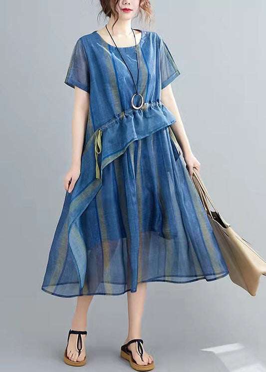 French Blue Cinched Stand Collar Organza Dress Half Sleeve