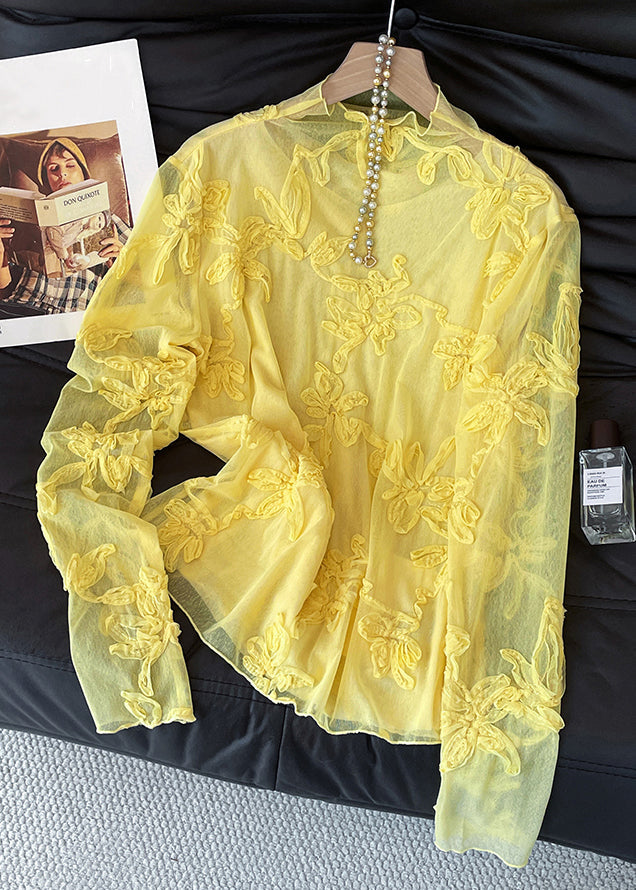 Slim Fit Yellow Embroidered Tulle T Shirt Fall