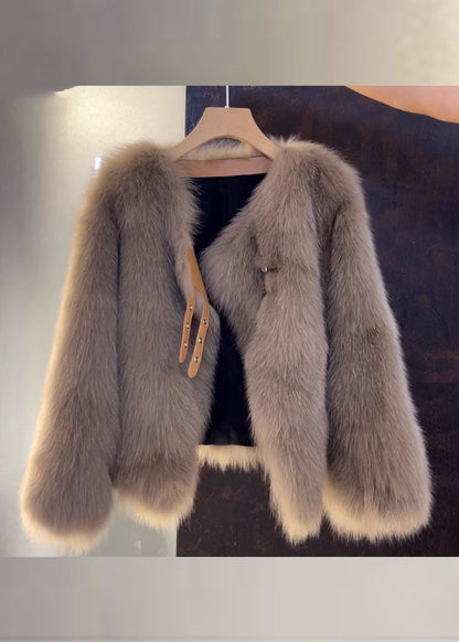 Vogue Brown V Neck Leather and Fur Coats Fall