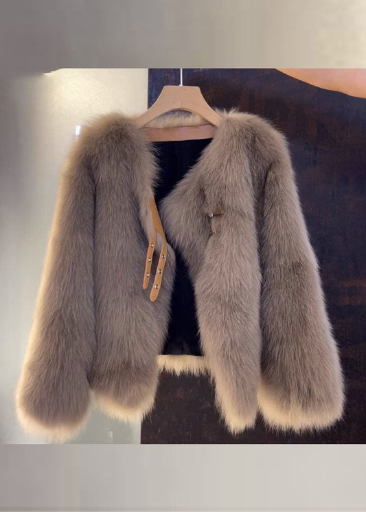 Vogue Brown V Neck Leather and Fur Coats Fall