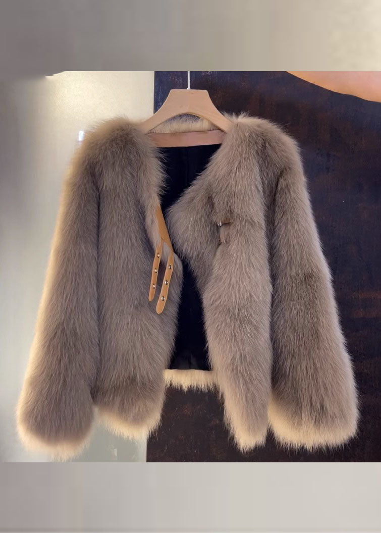 Vogue Brown V Neck Leather and Fur Coats Fall