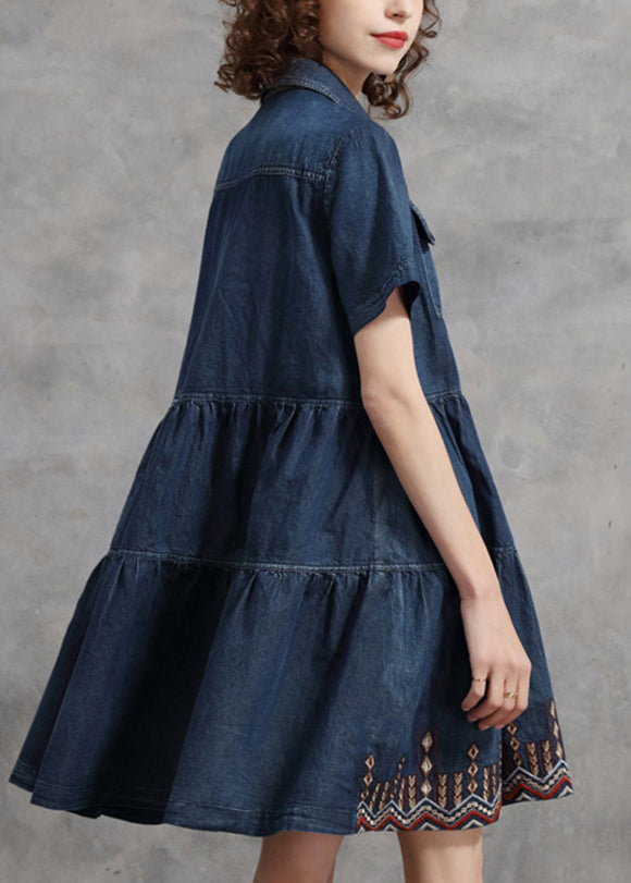 Simple Blue Button Pocket Peter Pan Collar Cotton Vacation Dresses Short Sleeve