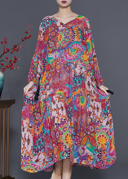 Purple Print Drawstring Chiffon Maxi Dresses Spring