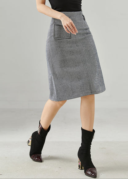 Grey Striped Pocket Cotton Wraped Skirts Fall