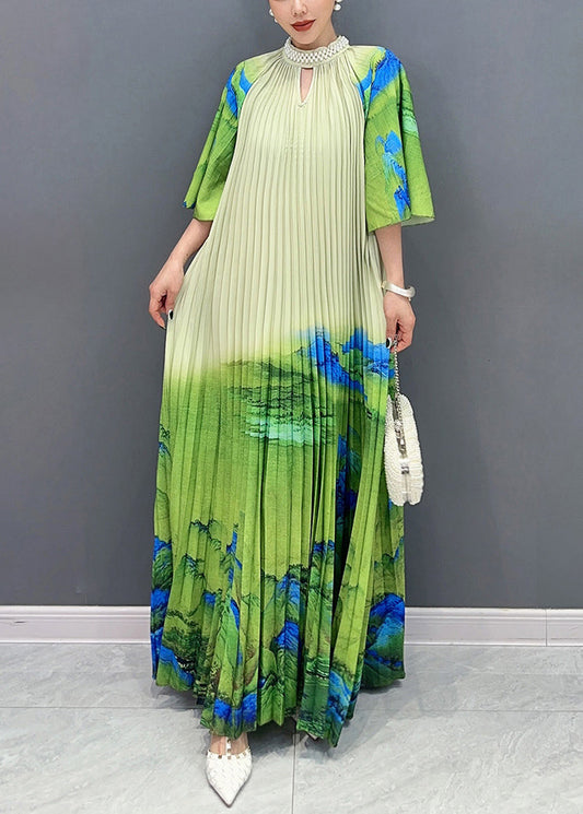 Hues and Artistic Flai Green Wrinkled Long Dresses Half Sleeve