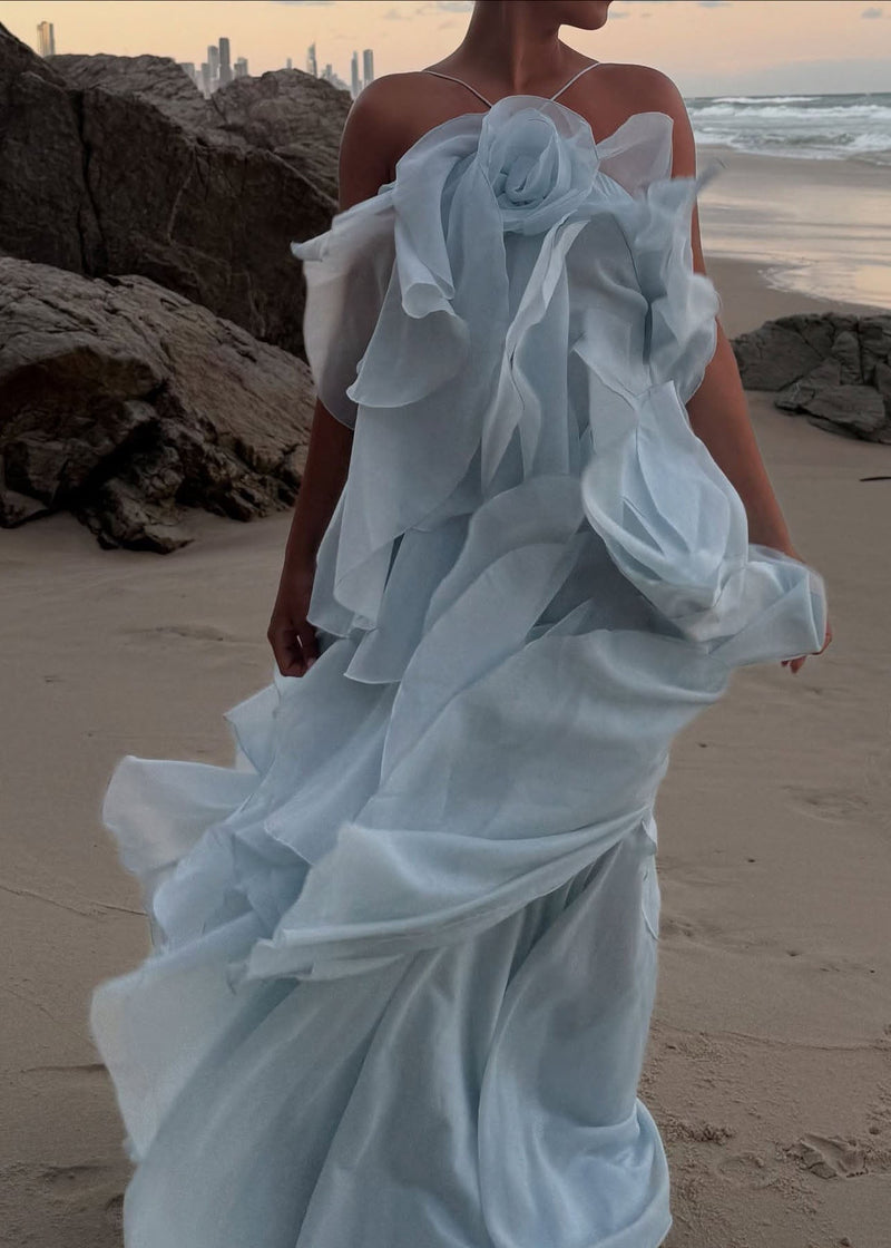 Blue Ruffled Asymmetrical Design Chiffon Spaghetti Strap Dress Summer