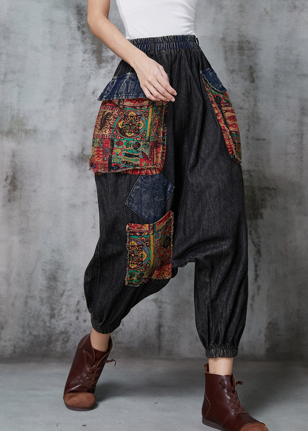 Black Oversized Patchwork Denim Harem Pants Spring