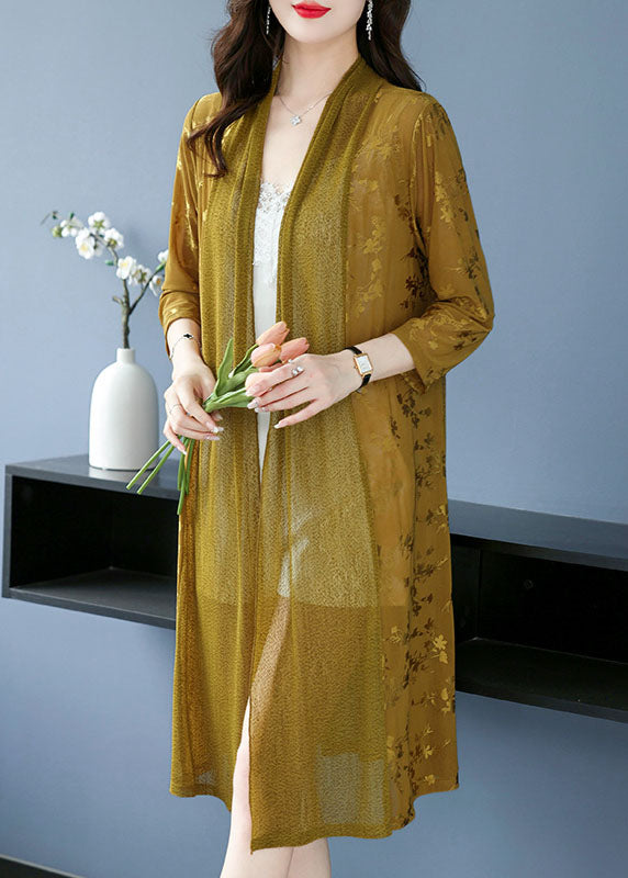 Yellow Print Patchwork Maxi Ice Size Chiffon Cardigans Long Sleeve