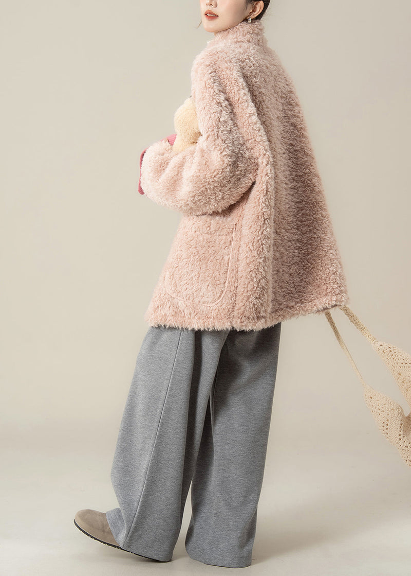 New Pink Faux Fur Coat and Grey Wide Leg Pants Set Winter