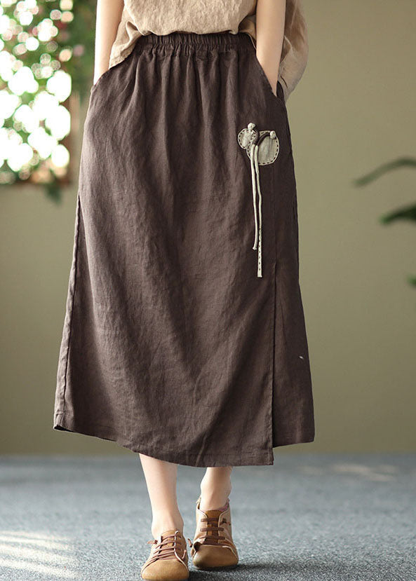Chocolate Elastic Waist Side Open Linen a Line Skirts Summer