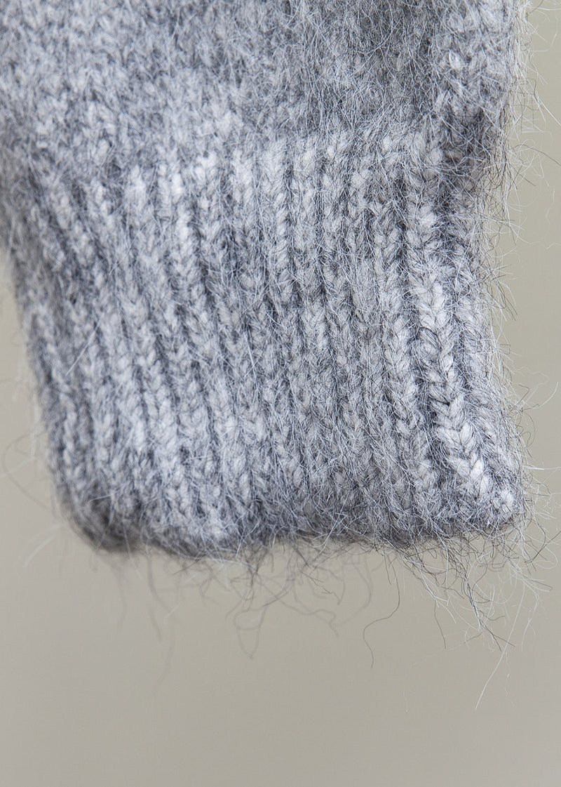 Grey Fox Collar Patchwork Knit Winter Sweater Hooded