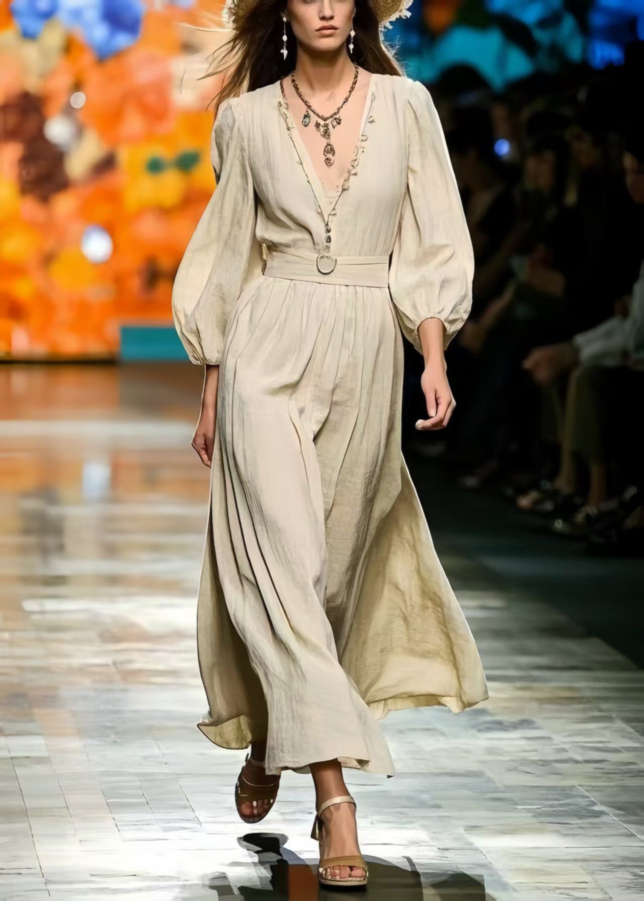 Exra Large Hem Linen Maxi Dress Bracelet Sleeve
