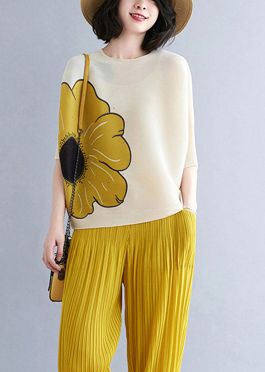 Loose Yellow O-neck Print Top Batwing Sleeve