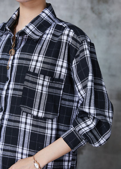 Black Oversized Plaid Cotton Shirt Top Fall