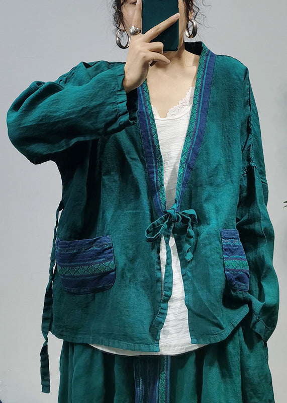 Blackish Green Pocket Linen Shirt Top a Line Skirt Two Piece Set Elastic Waist Long Sleeve