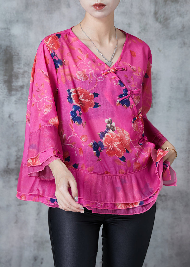 Rose Print Cotton Oriental Blouse Tops Spring