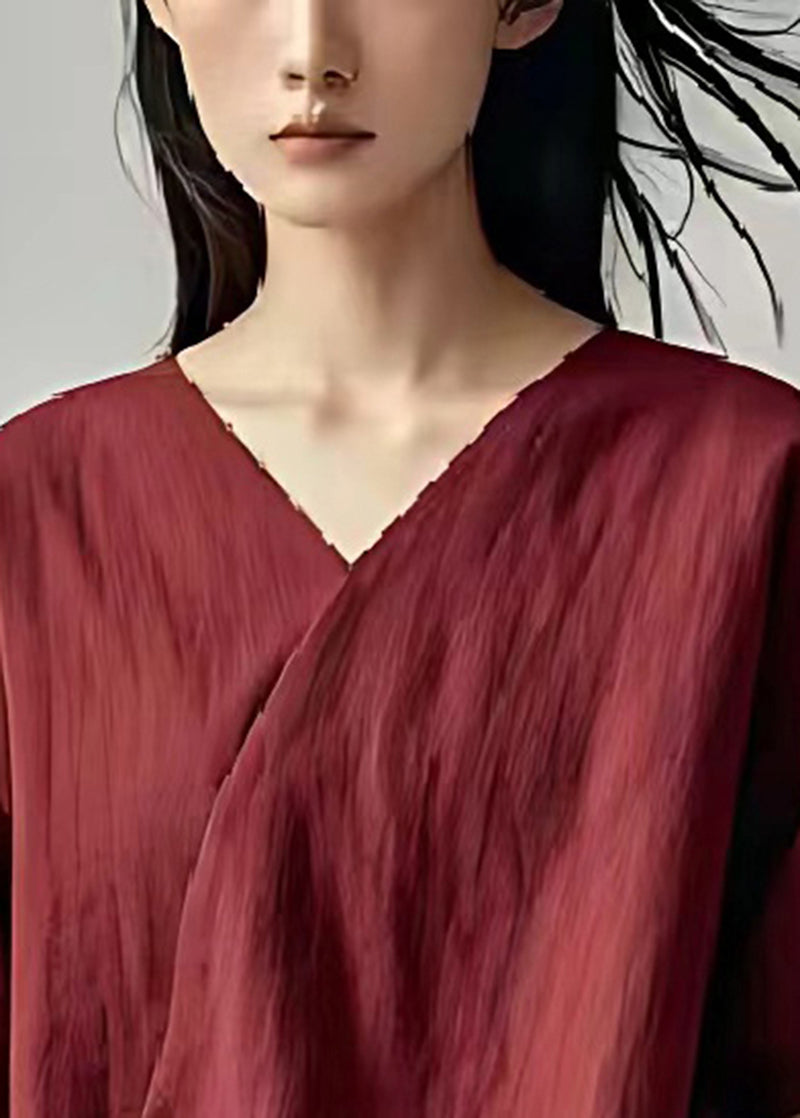 Dull Red Oversized Patchwork Linen Blouse Tops Summer