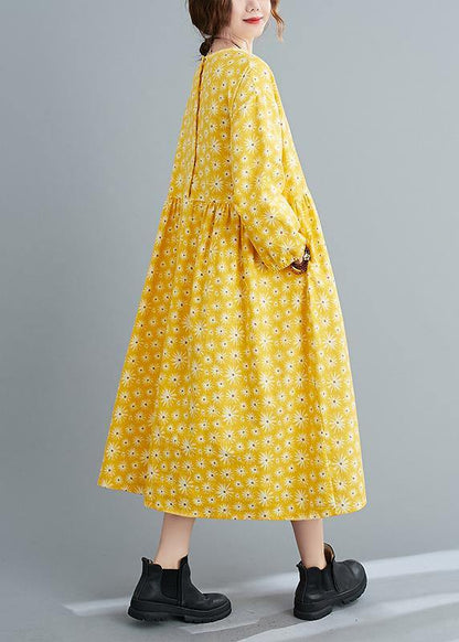 Loose Yellow O Neck Cinched Art Spring Dresses